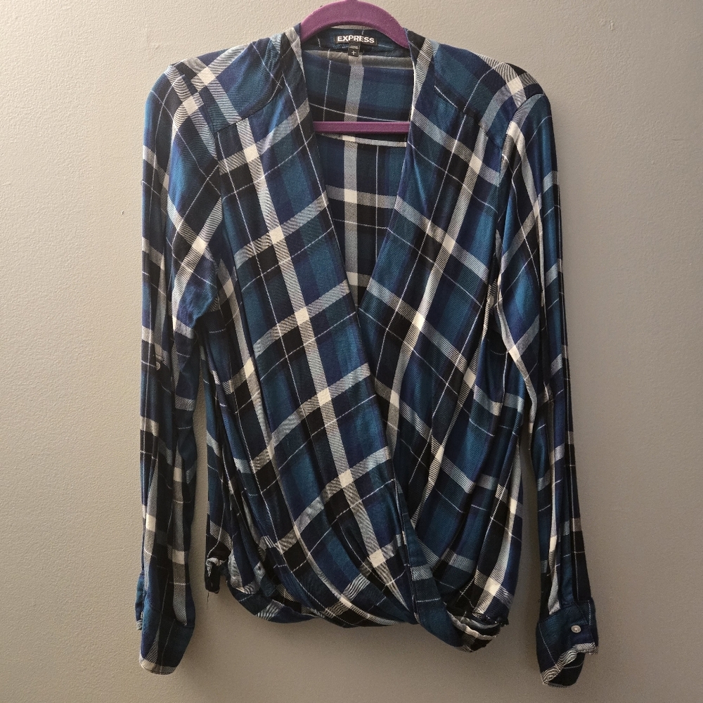 Express Blue Plaid Wrap Blouse